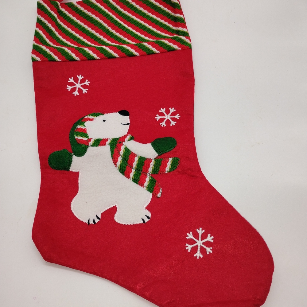 Avon Red Christmas Stocking with Green & White Stripes and Polar Bear